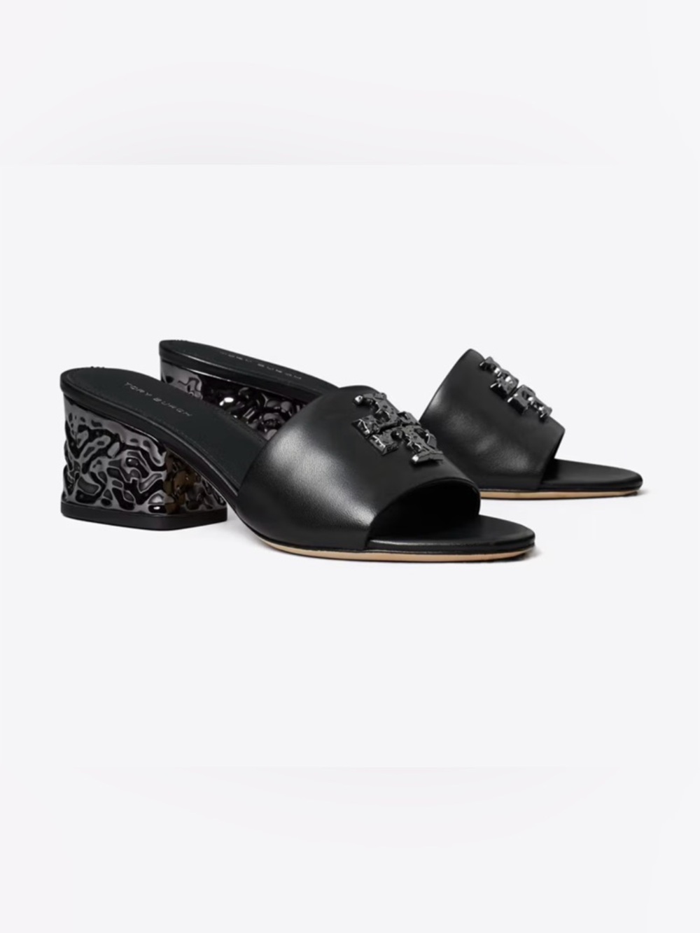 Tory Burch Everly Block Black Leather Logo Block Heel Slides